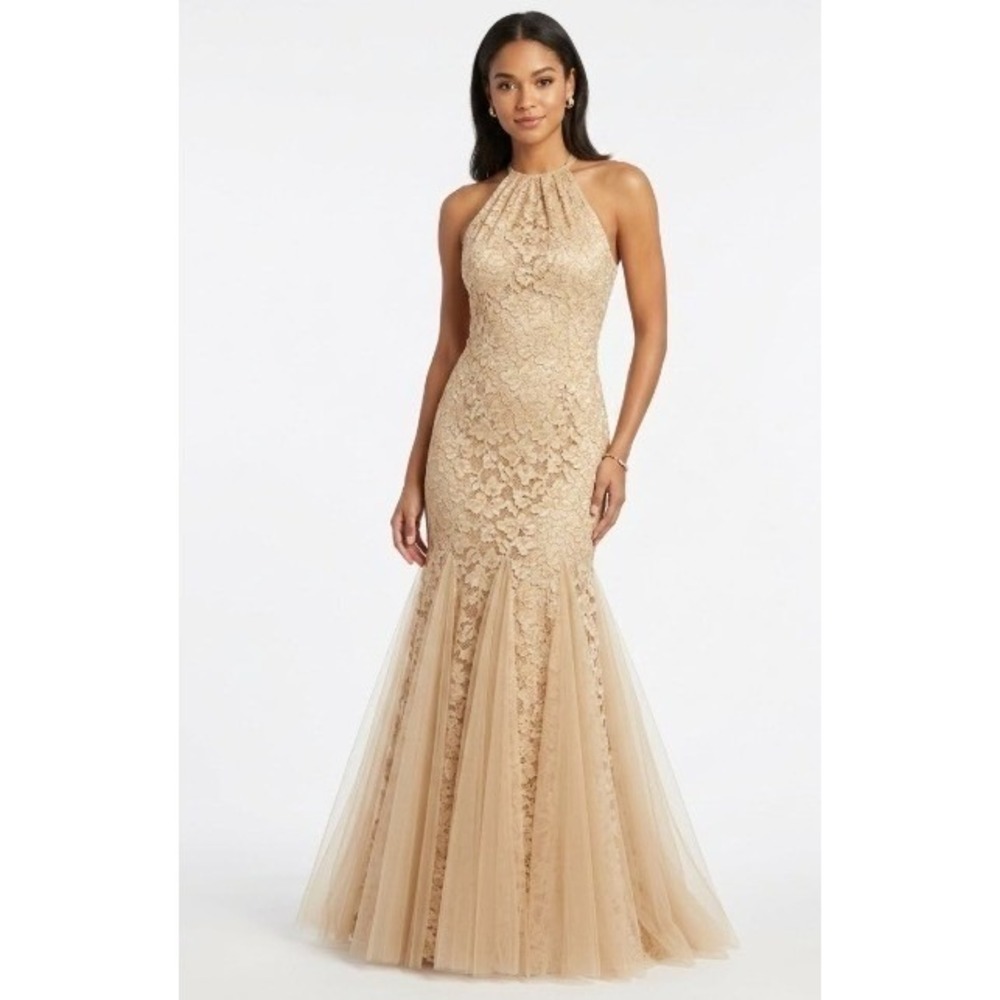Xscape | Champagne Lace Halter Mermaid Gown Chain Neck Prom‎ Dress | XS
